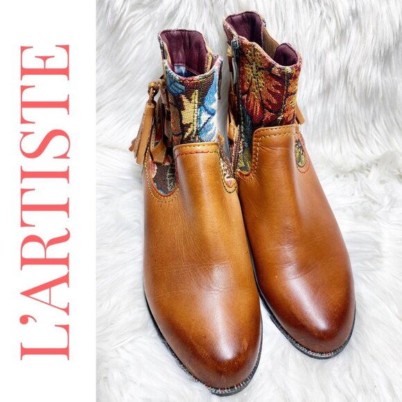 L’ARTISTE LEATHER ANKLE TAPESTRY BOOTIE TASSEL UNIQUE ARTISTIC BOHO, WOMEN’s 40 - Picture 8 of 16